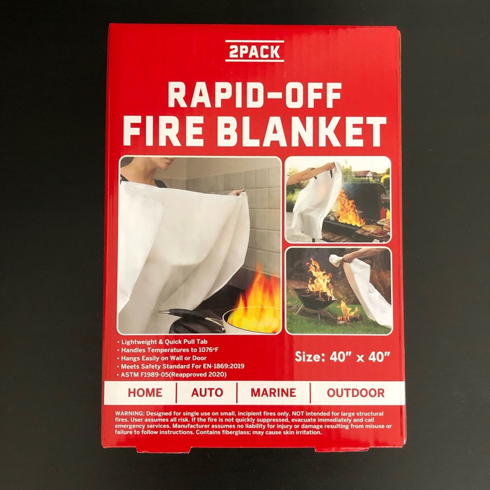 RAPID-OFF Fire Blanket 2 Pack Fiberglass Kitchen Garage Car Safety 40”x40”